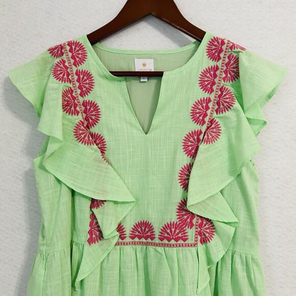 J.Marie Blouse Women S Green Pink Cotton Blend Embroidery Ruffle Boho Resort - Picture 7 of 12